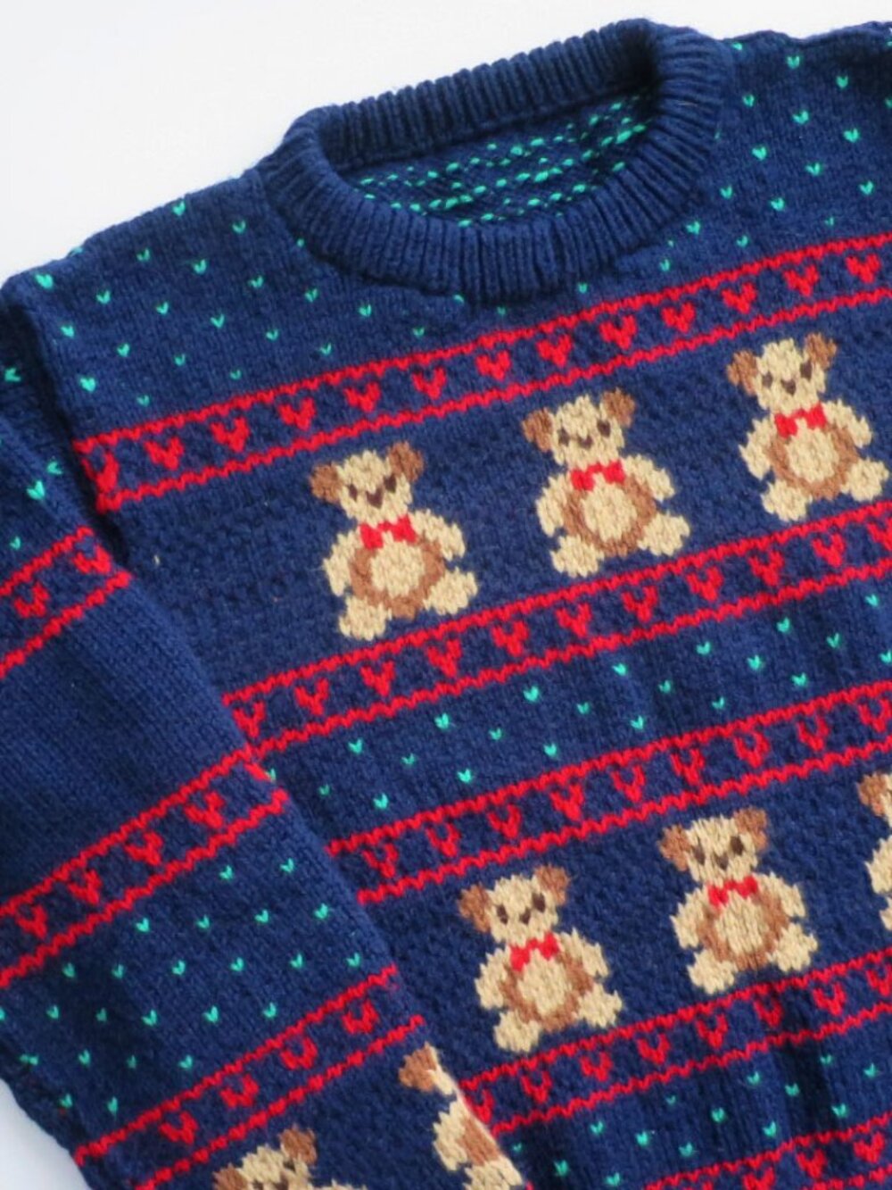 Vintage Hand Knit Teddy Bear and Hearts Striped Pullover Sweater Size L